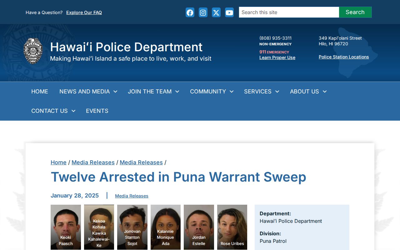 Hawaii Police Department January 2025 Puna warrant sweep release