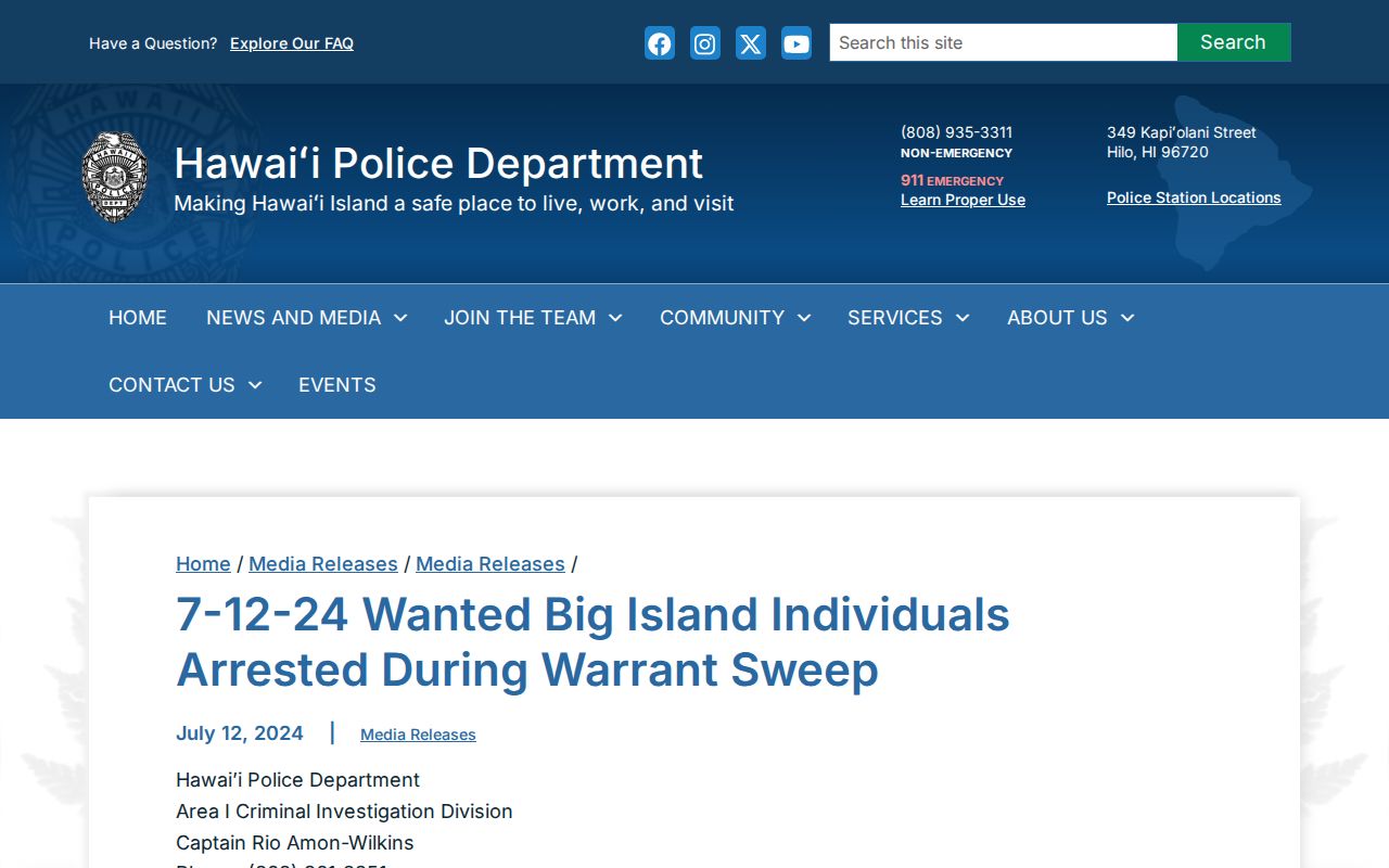 Hawaii Police Department July 2024 East Hawaiʻi warrant sweep release